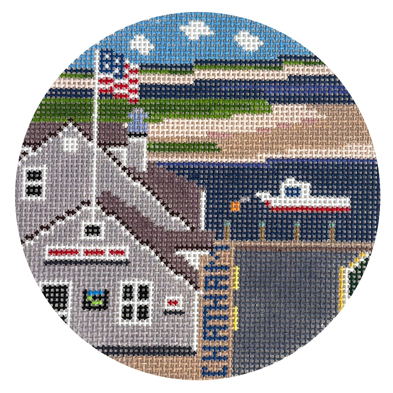 Chatham Pier Fish Market Round Painted Canvas Frances Mary Needlepoint  - 1