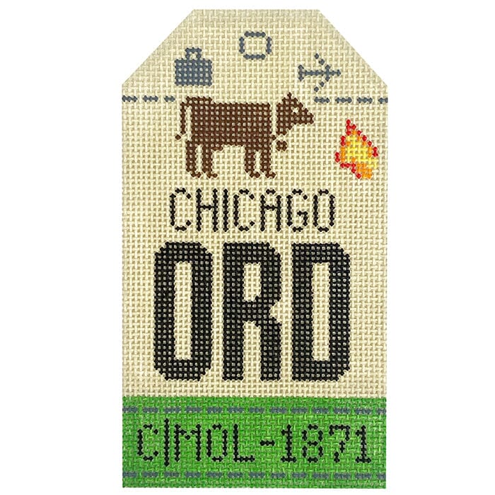 Chicago ORD Retro Travel Tag Painted Canvas Hedgehog Needlepoint 
