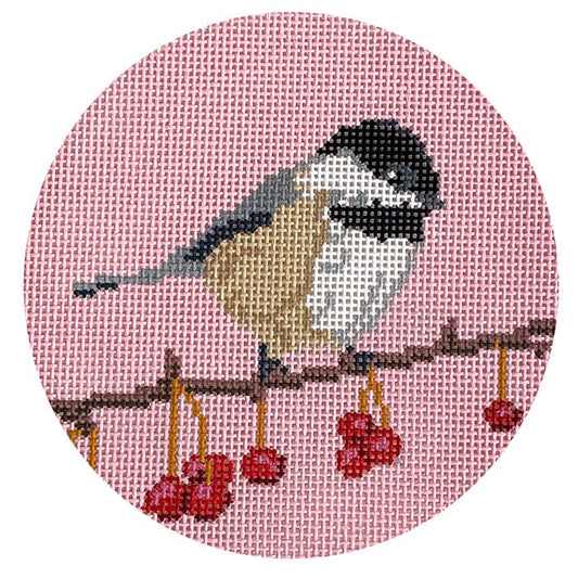 Chickadee on a Branch Ornament Painted Canvas Blue Ridge Stitchery 