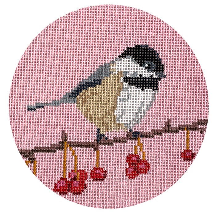 Chickadee on a Branch Ornament Painted Canvas Blue Ridge Stitchery 

