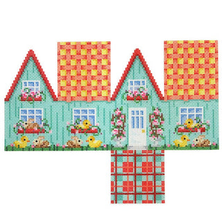 Chicks & Bunnies/Aqua Easter Cottage Printed Canvas Two Sisters Needlepoint 
