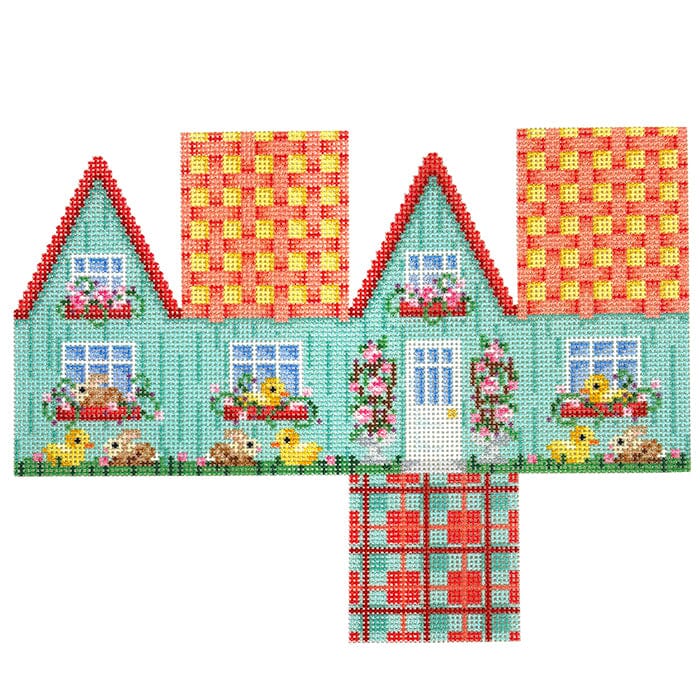 Chicks & Bunnies/Aqua Easter Cottage Printed Canvas Two Sisters Needlepoint 
