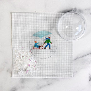 Child on Sled Ornament with Clear Dome & Confetti Painted Canvas Kate Dickerson Needlepoint Collections 
