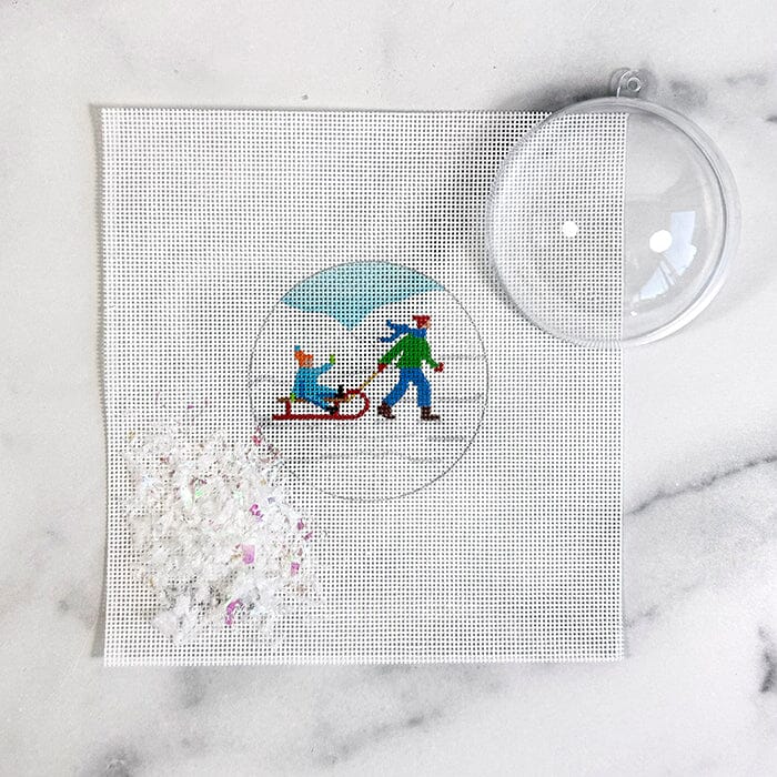 Child on Sled Ornament with Clear Dome & Confetti Painted Canvas Kate Dickerson Needlepoint Collections  - 1