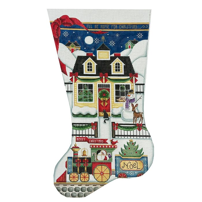 Choo Choo Cottage Stocking TTL on 18 Painted Canvas Rebecca Wood Designs  - 1