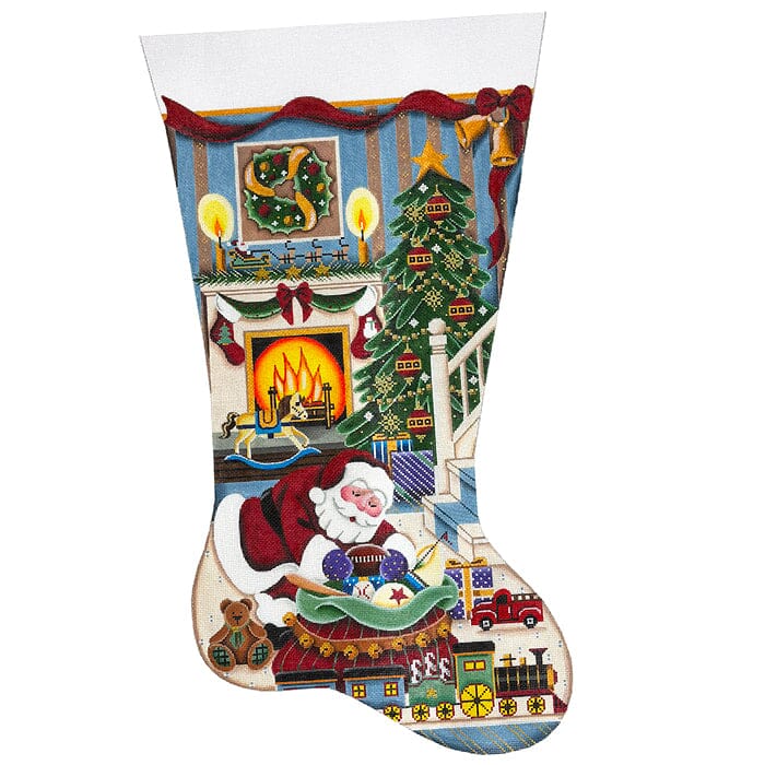 Christmas By The Fire Boy Stocking TTR on 18 Painted Canvas Rebecca Wood Designs 