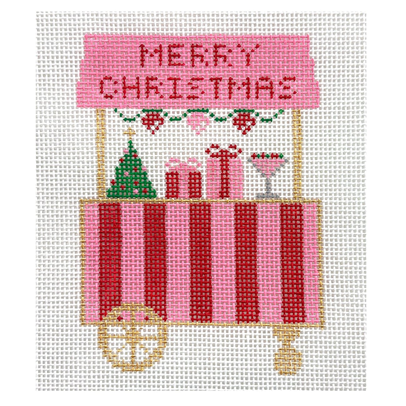 Christmas Cart Painted Canvas SilverStitch Needlepoint  - 1