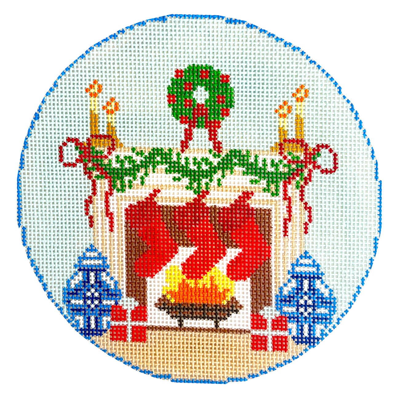 Christmas Fireplace Round Painted Canvas Atlantic Blue Canvas  - 1