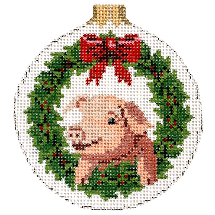 Christmas Pig 3 1/4" Round #18 Painted Canvas Susan Roberts Needlepoint Designs Inc. 
