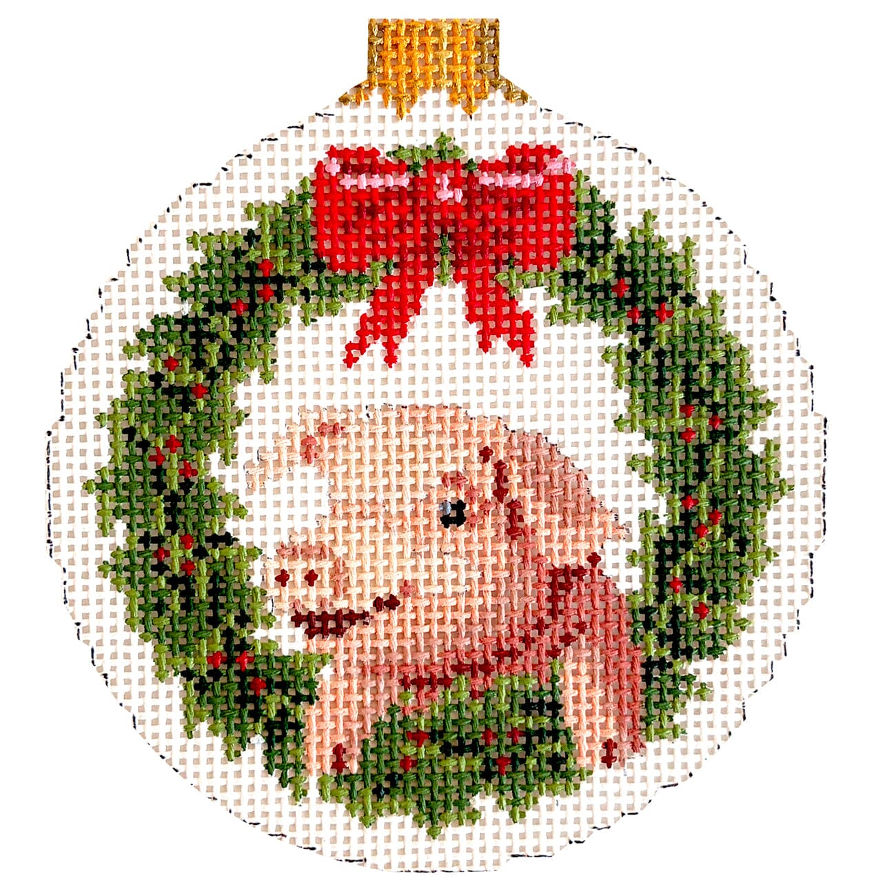 Christmas Pig, 4.5" Round on 13 Painted Canvas Susan Roberts Needlepoint Designs Inc.  - 1