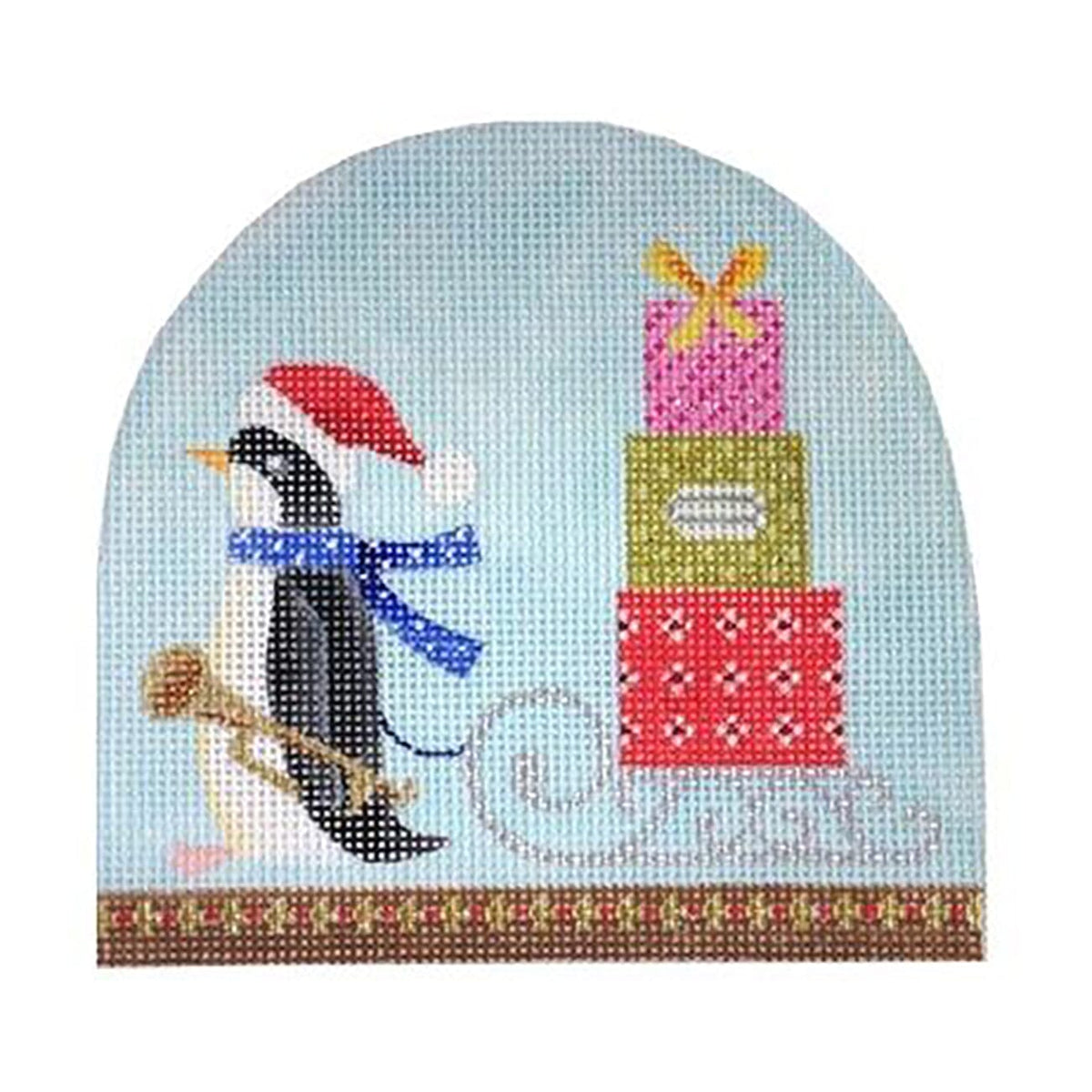 Christmas Snowdome   Penguin & Sled Painted Canvas Kirk & Bradley  - 1