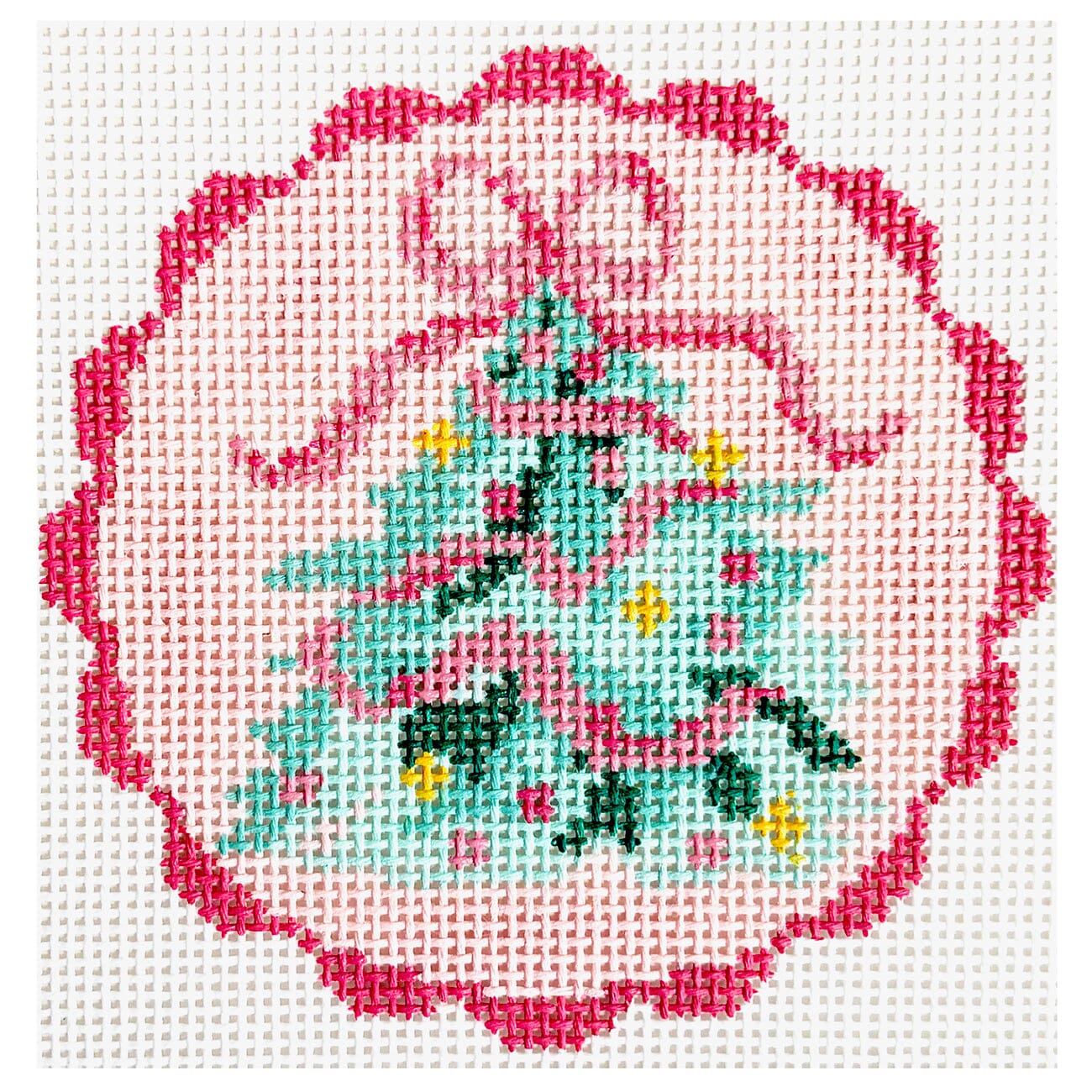 Christmas Tree on Pink Ribbon Round Painted Canvas Walker's Needlepoint  - 1