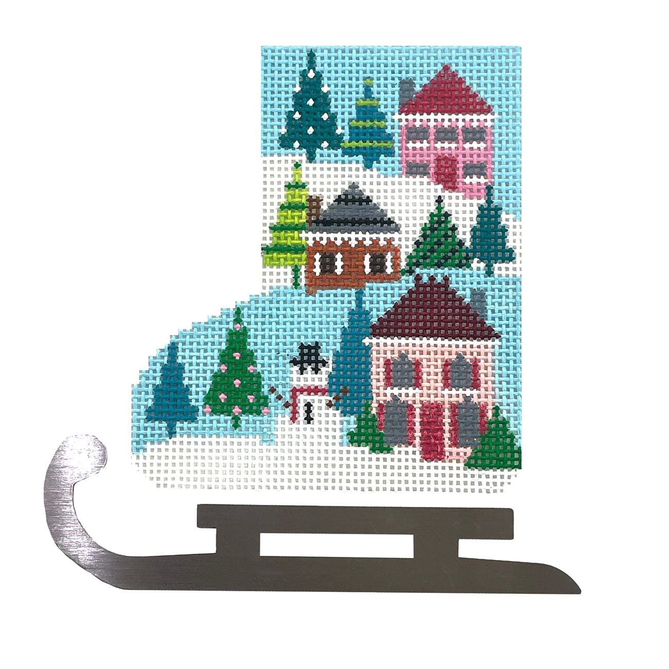 Christmas Village Mini Skate Ornament Painted Canvas Shelly Tribbey  - 1