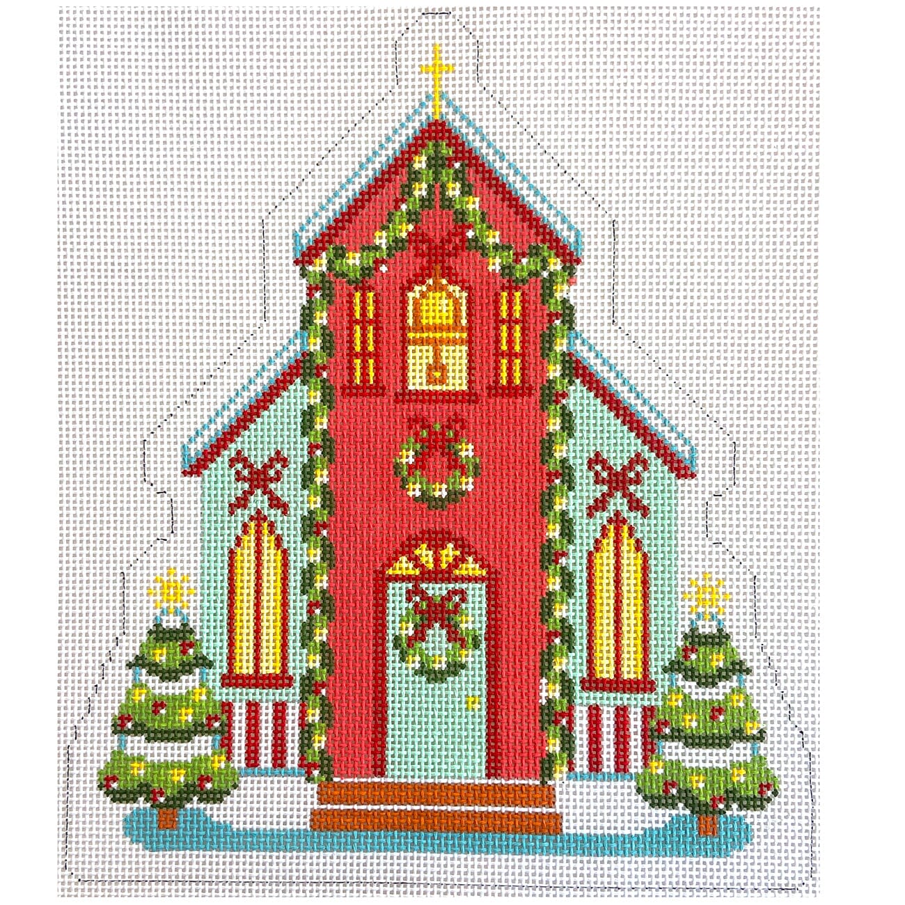 Church Christmas Village Painted Canvas Lucky Lotus Needlepoint  - 1