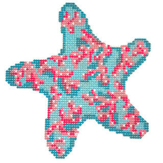 Coral on Blue Starfish Printed Canvas Two Sisters Needlepoint 
