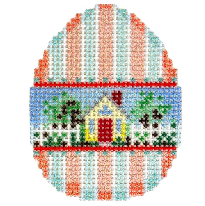 Cottage on Stripes Mini Egg Printed Canvas Two Sisters Needlepoint 