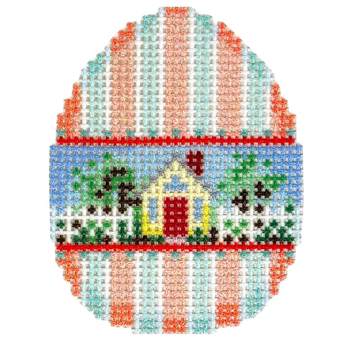 Cottage on Stripes Mini Egg Printed Canvas Two Sisters Needlepoint 
