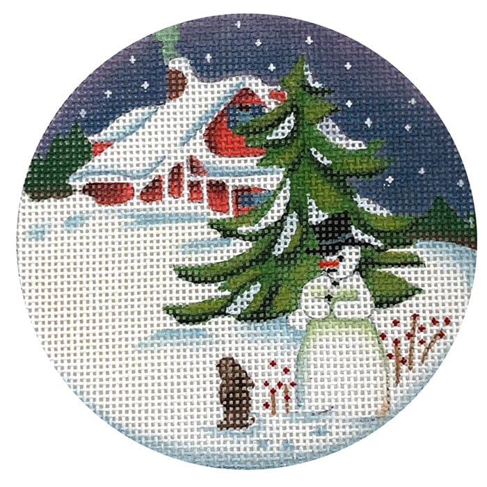 Cottage Snowman Round Painted Canvas Melissa Shirley Designs 