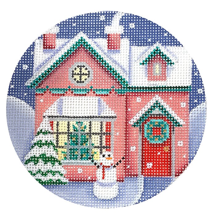 Cozy Christmas Cottage Round Painted Canvas Rebecca Wood Designs  - 1