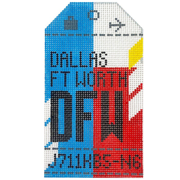 Dallas Ft. Worth DFW RetroTravel Tag Painted Canvas Hedgehog Needlepoint 
