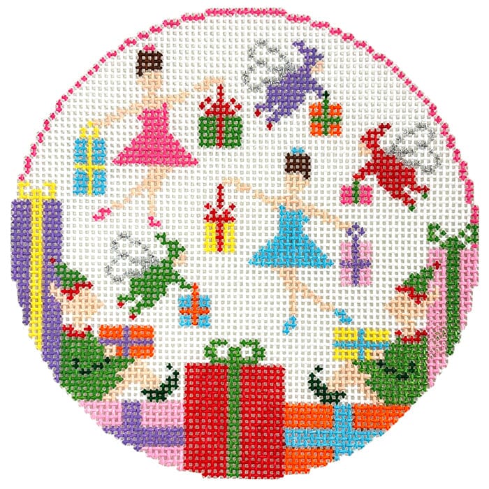 Dancing Fairies 4.25" Ornament Painted Canvas Doolittle Stitchery 
