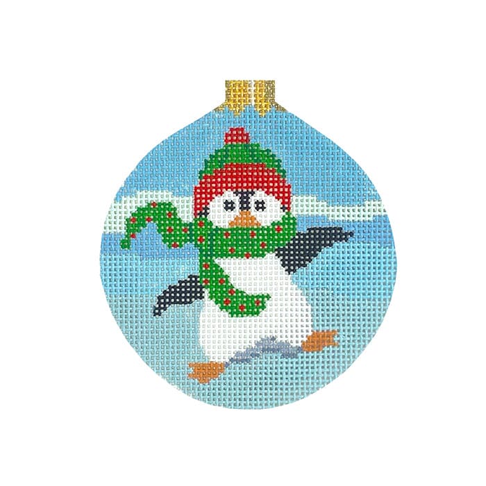 Dancing Penguin, 3.25" Round Painted Canvas Susan Roberts Needlepoint Designs Inc.  - 1