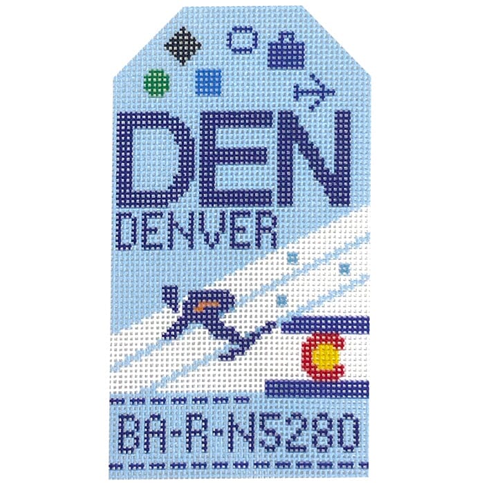 Denver 2.0 DEN Retro Travel Tag (Skiier) Painted Canvas Hedgehog Needlepoint 
