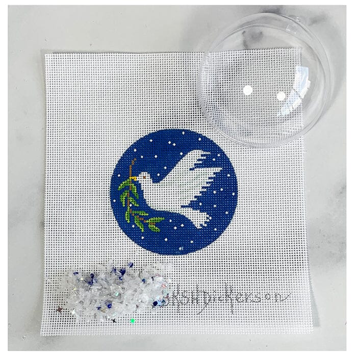 Dove & Olive Branch Ornament with Clear Dome & Confetti Painted Canvas Kate Dickerson Needlepoint Collections 