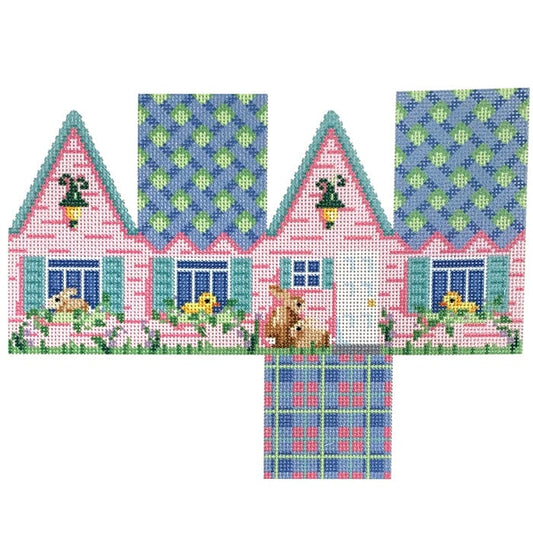 Easter Cottage Blue Lattice Roof Printed Canvas Two Sisters Needlepoint 