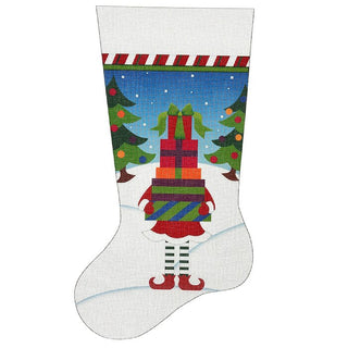 Elf with Packages Stocking Painted Canvas Pepperberry Designs 
