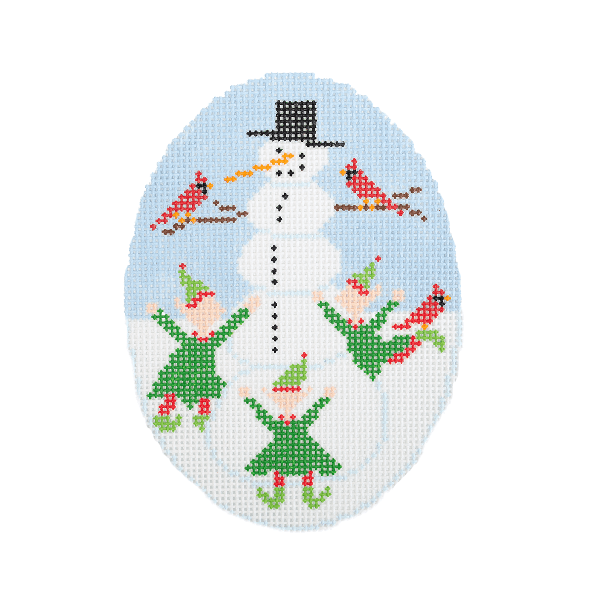 Elves & Snowman Oval Painted Canvas Doolittle Stitchery  - 1