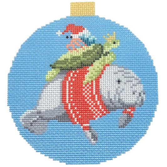 Festive Sea Friends - Manatee and Turtle with Stitch Guide Printed Canvas Kirk & Bradley 