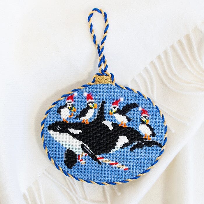 Festive Sea Friends - Orca and Puffins with Stitch Guide Printed Canvas Kirk & Bradley 