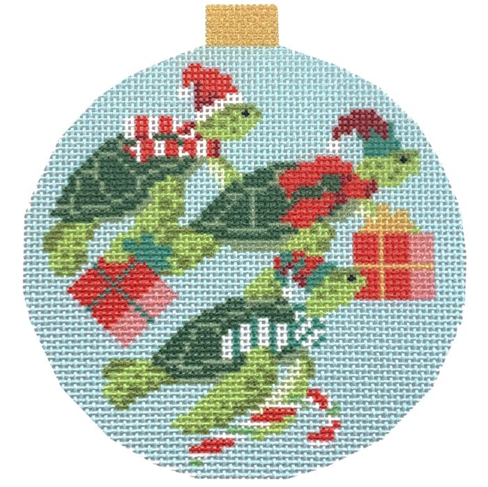 Festive Sea Friends - Sea Turtles with Stitch Guide Printed Canvas Kirk & Bradley 