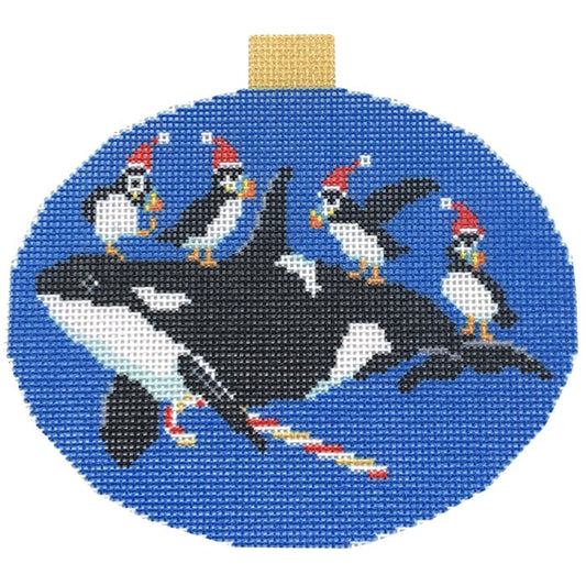 Festive Sea Friends - Whale and Puffins with Stitch Guide Printed Canvas Kirk & Bradley 