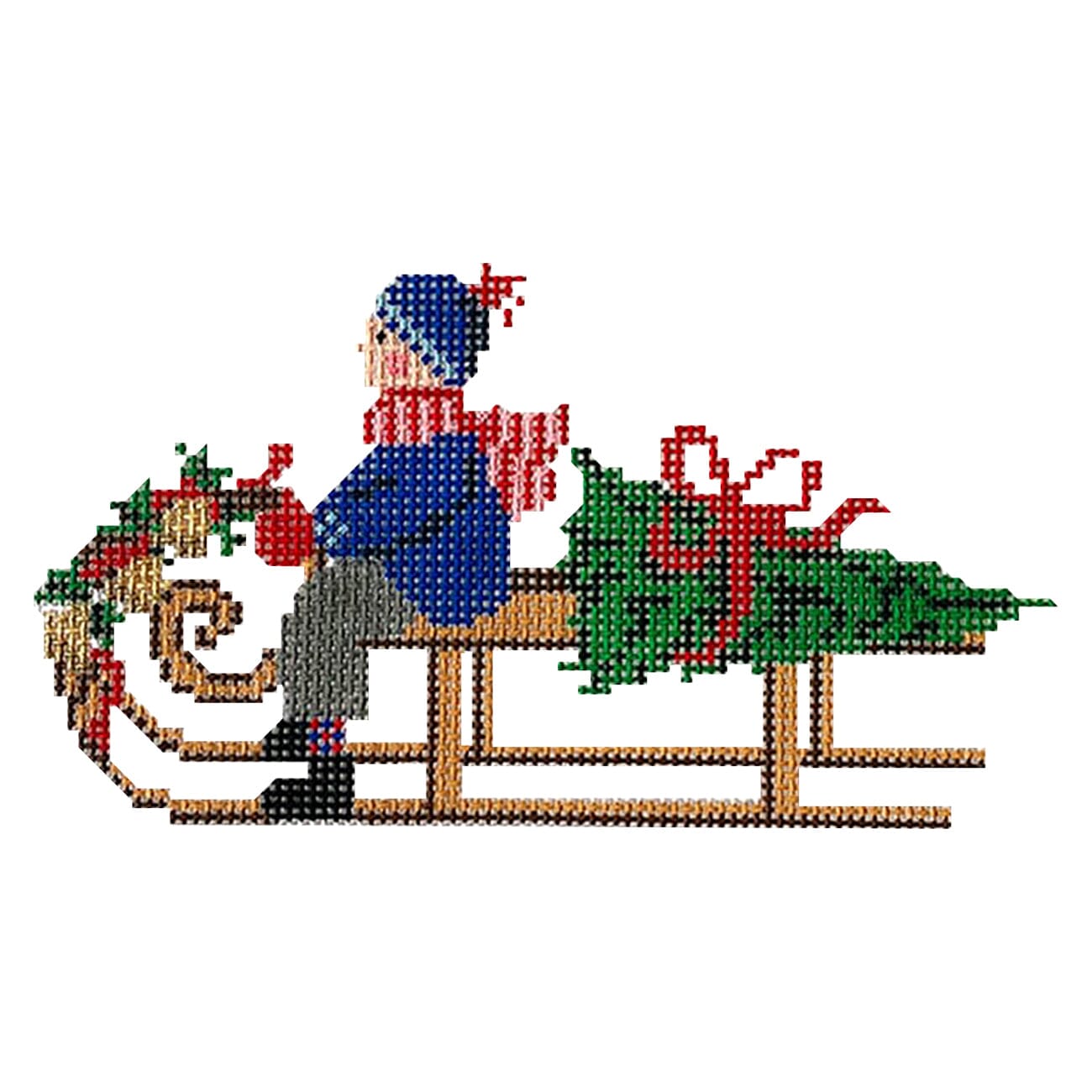 Festive Sled   Boy Painted Canvas Blue Ridge Stitchery  - 1