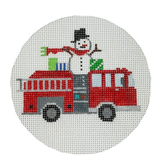 Firetruck with Snowman Round Painted Canvas Vallerie Needlepoint Gallery 
