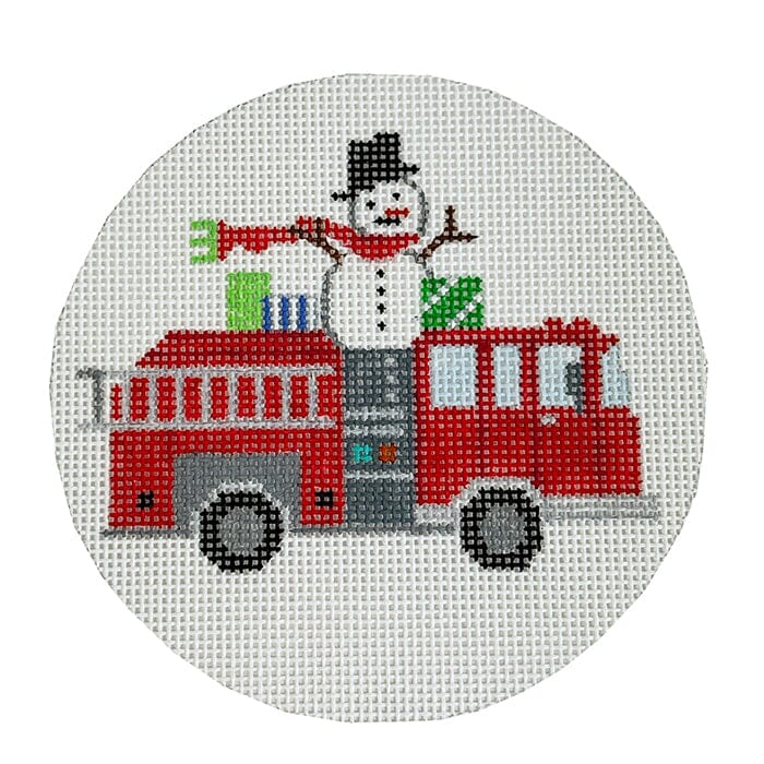 Firetruck with Snowman Round Painted Canvas Vallerie Needlepoint Gallery  - 1