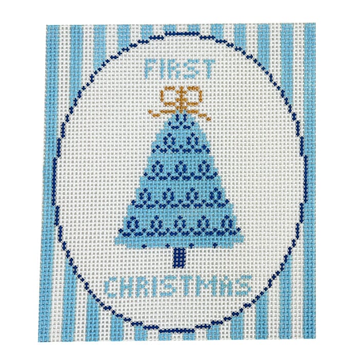First Christmas Blue Tree Painted Canvas Goodpoint Needlepoint 
