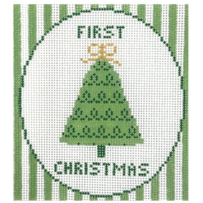 First Christmas Green Tree Painted Canvas Goodpoint Needlepoint 
