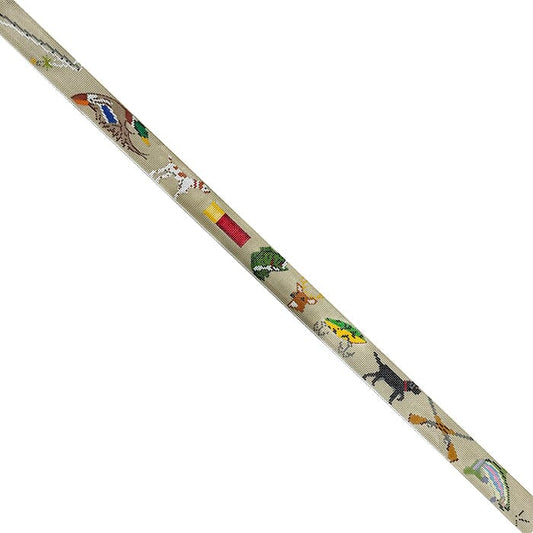 Fishing and Hunting Items Belt on Khaki Painted Canvas Elm Tree Needlepoint 