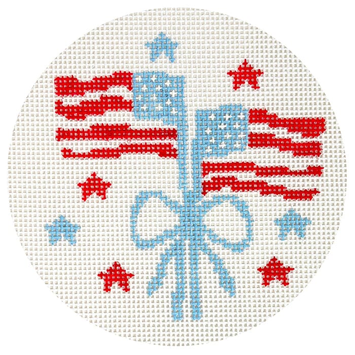 Flag with Bow 4" Round Painted Canvas Walker's Needlepoint 