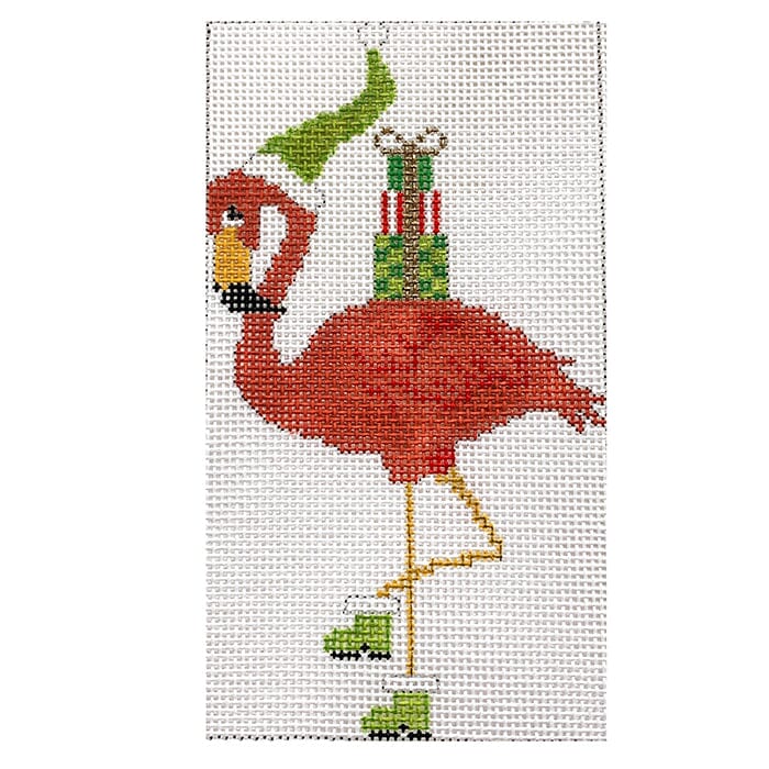 Flamingo with Green Hat and Presents Painted Canvas Kristine Kingston  - 1