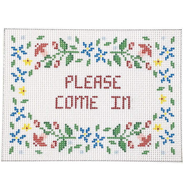 Floral ''Please Come In'' Sign Painted Canvas Susan Roberts Needlepoint Designs Inc. 