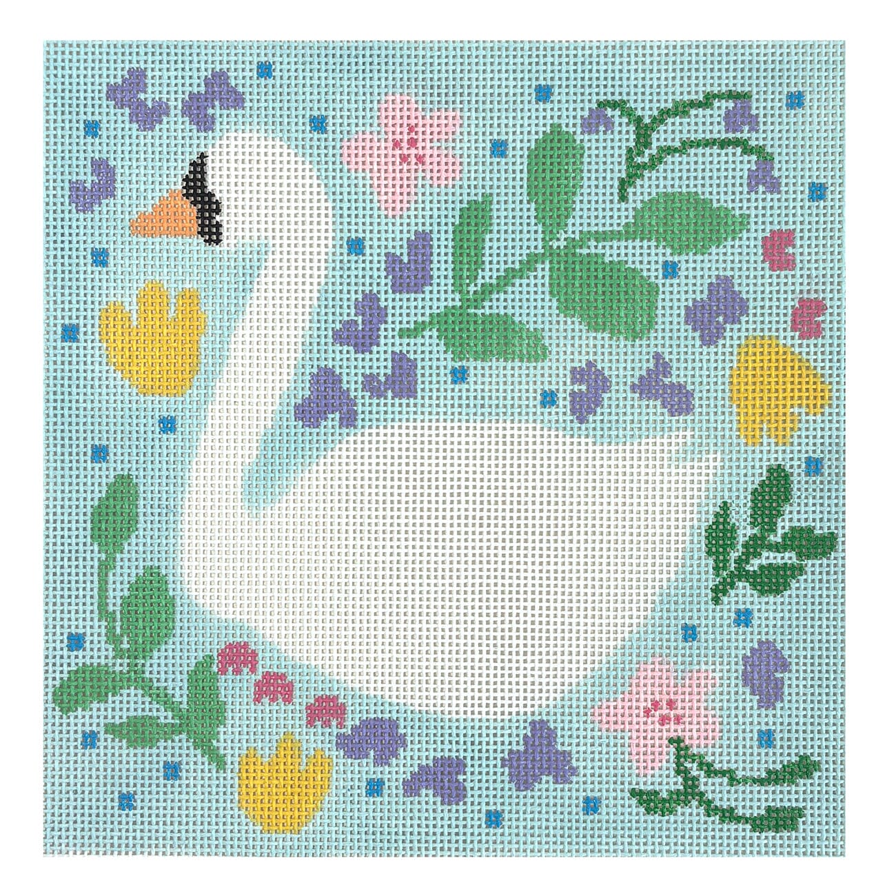 Floral Swan on Blue 6x6 Painted Canvas Walker's Needlepoint  - 1
