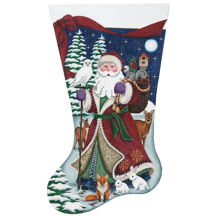 Forest Santa with Woodland Animals Stocking on 18 TTL Painted Canvas Rebecca Wood Designs  - 1