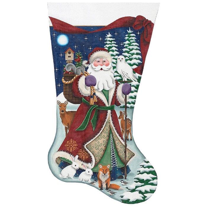 Forest Santa with Woodland Animals Stocking on 18 TTR Painted Canvas Rebecca Wood Designs  - 1