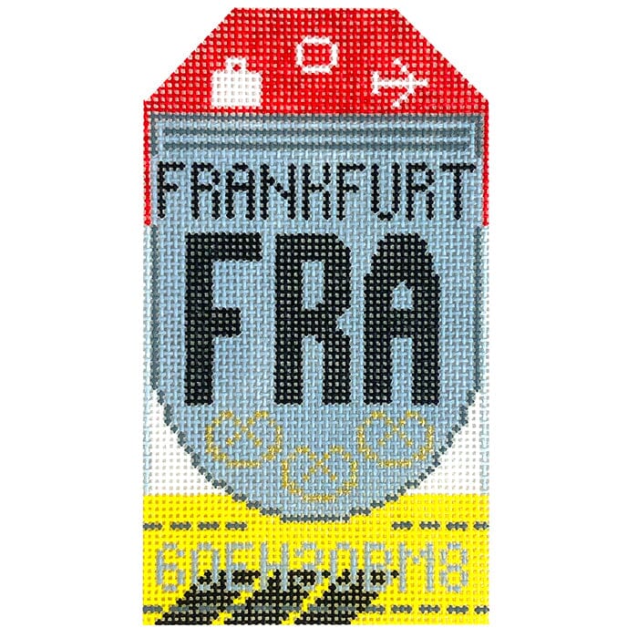 Frankfurt FRA Retro Travel Tag Painted Canvas Hedgehog Needlepoint 
