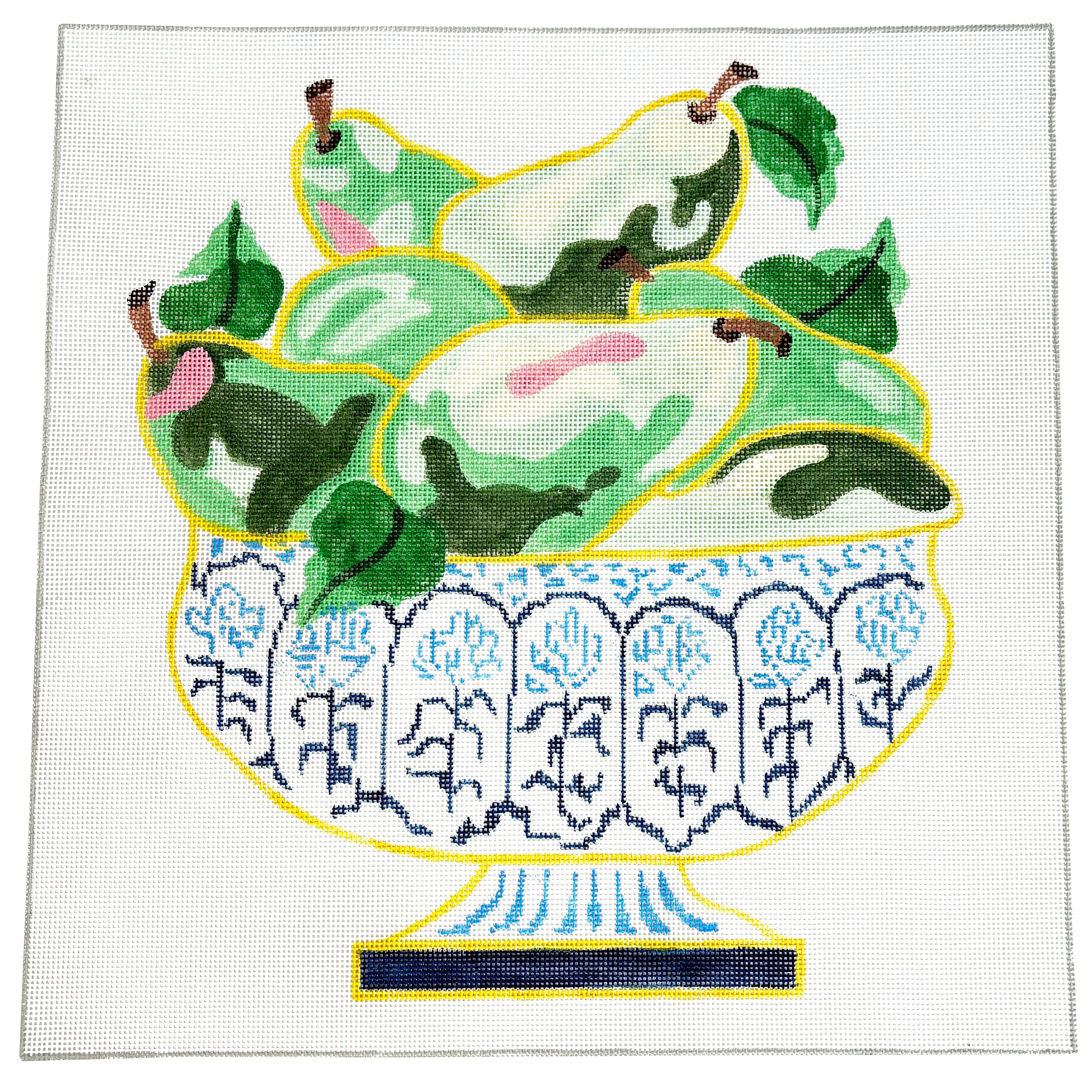 French Harvest Bowl   Green Pears 16" Painted Canvas Jean Smith  - 1