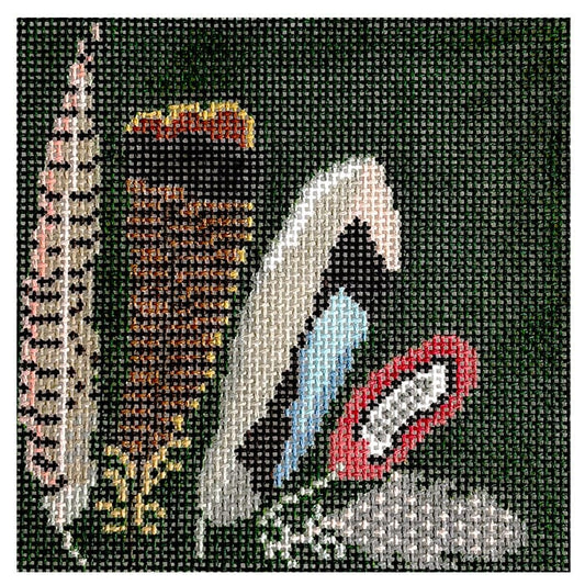 Game Bird Feather Coaster - Green Painted Canvas The Gingham Stitchery 